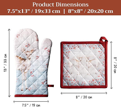 Maison d' Hermine 100% Cotton Oven Mitt & Pot Holder Set (7.5"x13" & 8"x8") Heat Resistant BBQ Cooking Gloves with Loop for Thanksgiving Christmas Decorations Handling Hot Pans (Fairy Tale Forest)