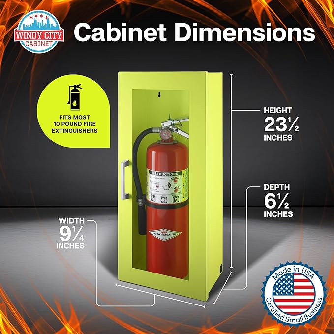 Fire Extinguisher Mount for Wall & Surface - 22 Gauge Steel, USA Made - Fire Extinguisher Cabinet Storage w/Metal Handle - Indoor & Outdoor Use - 24.5H x 9.25W x 6.5D - Neon
