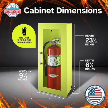 Fire Extinguisher Mount for Wall & Surface - 22 Gauge Steel, USA Made - Fire Extinguisher Cabinet Storage w/Metal Handle - Indoor & Outdoor Use - 24.5H x 9.25W x 6.5D - Neon