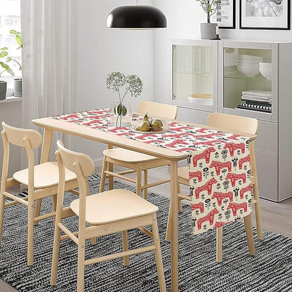 Ethnic Table Runner, Folk Inspired Swedish Dala Horse with Floral Ornaments Folklore Art Decor for Garden Farmhouse Wedding Party Holiday Dinner Home 13x36 Inch