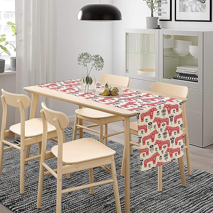 Ethnic Table Runner, Folk Inspired Swedish Dala Horse with Floral Ornaments Folklore Art Decor for Garden Farmhouse Wedding Party Holiday Dinner Home 13x70 Inch