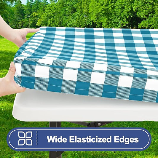 Smiry Picnic Table Cloth 2 Pack, Waterproof Elastic Fitted Tablecloths for 8FT Rectangle Tables, Washable Polyester Buffalo Plaid Tablecloth for Camping & Outdoor (Turquoise & White, 30" x 96")