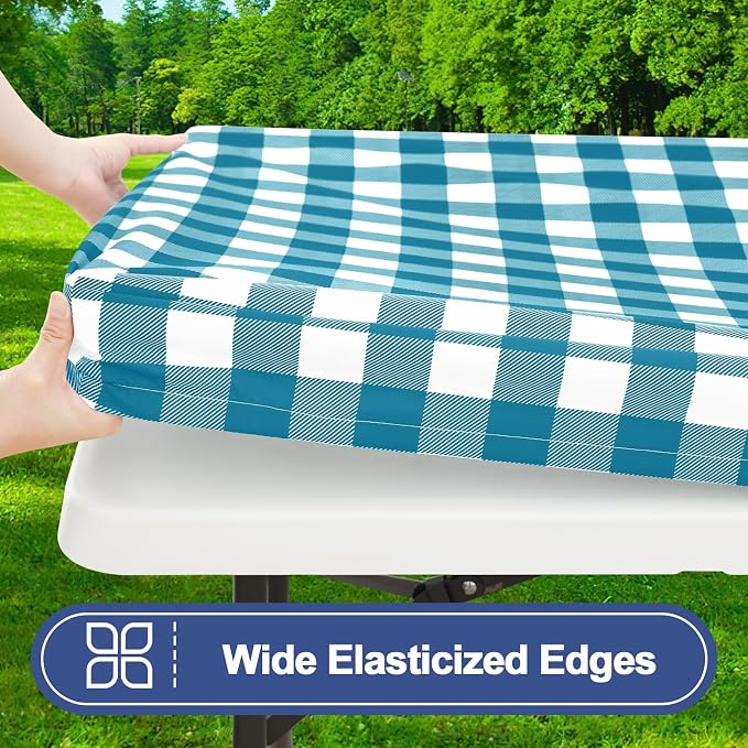 Smiry Picnic Table Cover with Bench Covers, Waterproof Elastic Fitted Tablecloths for 6 Foot Rectangle Tables, Washable Buffalo Plaid Tablecloth for Camping, Outdoor (Turquoise & White, 30"x72")