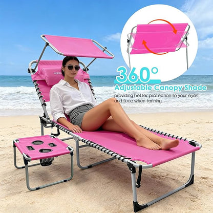 Outdoor Tanning Chair with Sun Canopy Shade & Face Hole, Folding Lounge Chair with Beach Table and Carry Bag for Poolside Sunbathing Lawn