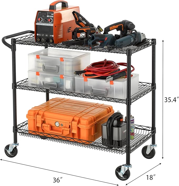 Finnhomy 3 Tier Heavy Duty Commercial Grade Utility Cart, Wire Rolling Cart with Handle Bar, Steel Service Cart with Wheels, Kitchen Carts on Wheels, Metal Cart Shelf Size 18" D x 36" W, NSF, Black