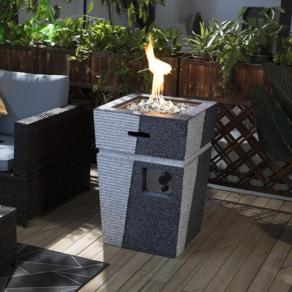 KEIKI 20 Inch Concrete Fire Column, Square Propane Gas Fire Pit with Stone Texture, 40000 BTU Outdoor Heating for Backyard Patio