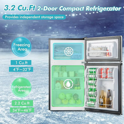 COSTWAY Compact Refrigerator, 3.2 Cu.Ft. Fridge Freezer Compartment with Reversible 2 Door, Adjustable Thermostat, Removable Glass Shelves, Mini Refrigerator for Bedroom Dorm Apartment, Silver