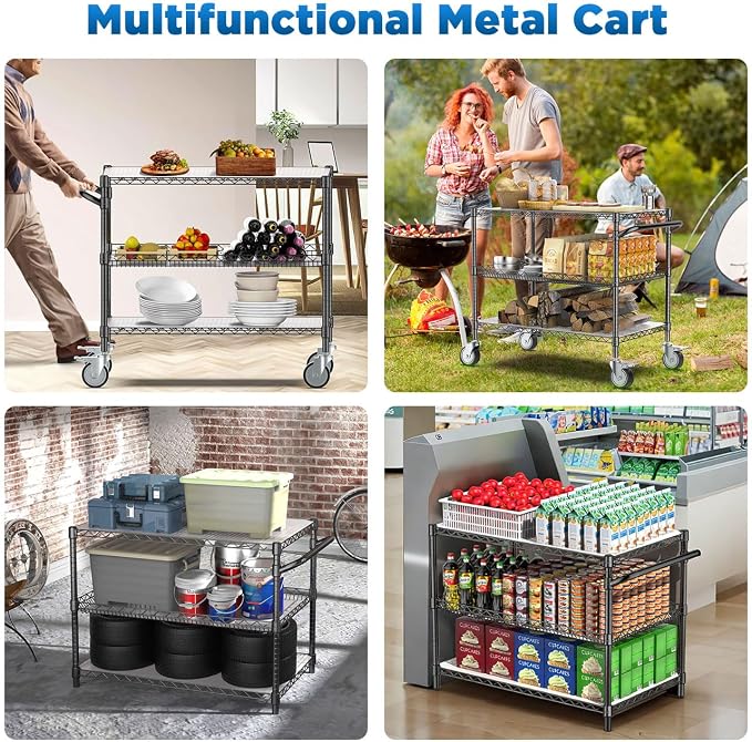 Leteuke Heavy Duty Rolling Utility Cart, 45 Inch Kitchen Carts with Wheels, NSF Commercial Grade with Handle & Shelf Liners, 1120LBS Storage Cart for Kitchen,Restaurant,Plant Display-Black | 3 Tier Heavy Duty Serving Cart with Handle & Shelf Liners, NS...