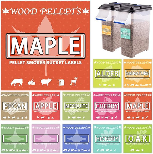 12PCS Smoker Grill Pellets Label Stickers for Wood Pellet Storage Containers Pellet Storage Bucket, Smoker Grill Wood Pellet Labels, 5.1”x 5.1”Easy to Identify Different Pellets & Food Recommendations