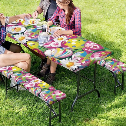 3 PCS Fitted Picnic Table Cover with Bench Cover Fitted Rectangle Tables and Seats Easter Egg Daisy Outdoor Picnic Table Cover for Camping