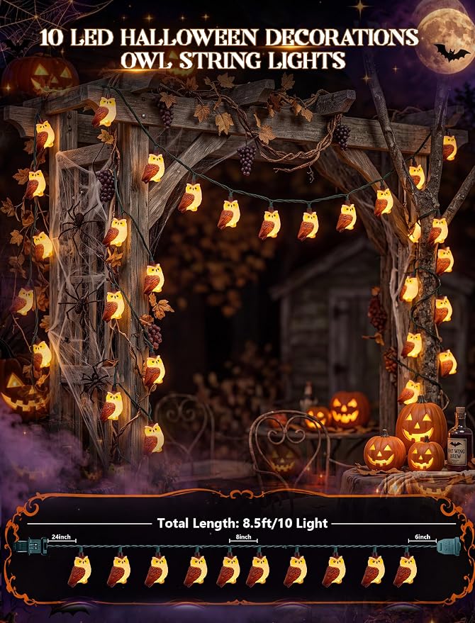 8.5Ft Halloween Owl String Lights Outdoor, 10LED Halloween Party Decoration | Plug-in, End-to-end Connectable, Waterproof & UL Listed, Hanging Animals Decor for Indoor Outdoor Patio Porch, Warm White