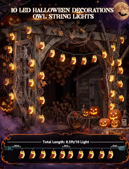 8.5Ft Halloween Owl String Lights Outdoor, 10LED Halloween Party Decoration | Plug-in, End-to-end Connectable, Waterproof & UL Listed, Hanging Animals Decor for Indoor Outdoor Patio Porch, Warm White