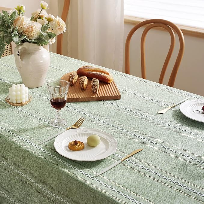 Chassic Rectangle Tablecloth 60 x 120 Inch, Farmhouse Boho Linen Table Cloths, Wrinkle Free & Washable Tablecloths for Dining Tables, Spring Kitchen Decor – Hemstitch Sage Green