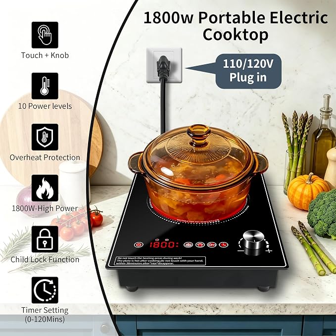 Single Burner Electric Cooktop, 1800W Electric Stove Top，portable cooktop with LED Touch Control,10Power Levels, 4H Timer, Safety Lock, single burner cooktop Overheat protection