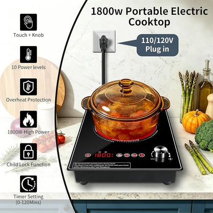 Single Burner Electric Cooktop, 1800W Electric Stove Top，portable cooktop with LED Touch Control,10Power Levels, 4H Timer, Safety Lock, single burner cooktop Overheat protection