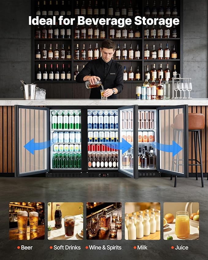 VEVOR Back Bar Cooler, 11.4 Cu.Ft Commercial Beverage Refrigerator with 3 Glass Door, Large Under Counter Fridge w/LED Lighting, Shelf, Low-E Glass Display Cooler for Store, Lobby, Restaurant, Pub