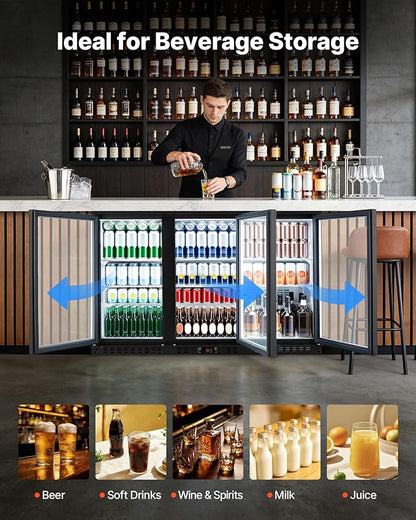 VEVOR Back Bar Cooler, 11.4 Cu.Ft Commercial Beverage Refrigerator with 3 Glass Door, Large Under Counter Fridge w/LED Lighting, Shelf, Low-E Glass Display Cooler for Store, Lobby, Restaurant, Pub