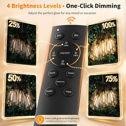 Hotsonic Remote Control Outdoor String Lights Waterproof, 100FT LED Outside Lights with Shatterproof Bulbs, Dimmable Hanging Light 3 Modes for Patio Porch Garden pergola Yard House Bistro Party decors