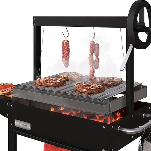 KoolMore 50 in. Charcoal Grill BBQ, Santa Maria Argentine Outdoor Grill with Interchangeable V Grates, Heavy Duty Barbecue Grilling Grill, Black