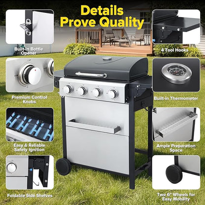 4 Burner Gas Grill with Foldable Shelves, 40,000 BTU Stainless Steel Propane BBQ Grill, 387 Sq. In. Cooking Space, Portable Outdoor Grill for Patio, Backyard, Camping & Tailgating