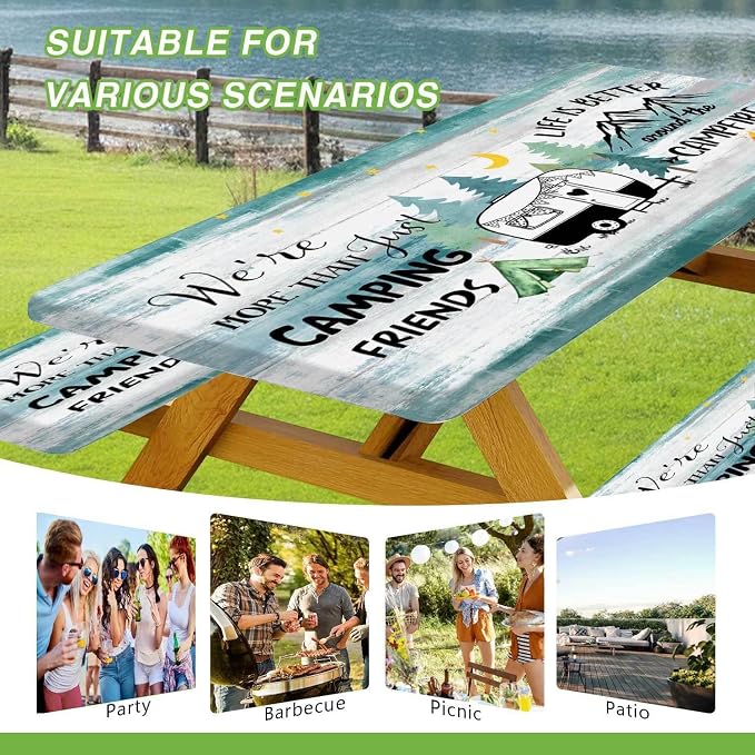 Happy Camper Picnic Table Cover with Bench Covers Elastic Edges, Wooden Camper Fitted Table Cover, Outdoor Patio Camping Essentials 72 Inch 3PCS, Waterproof Camping Tablecloth with Drawstring Bag