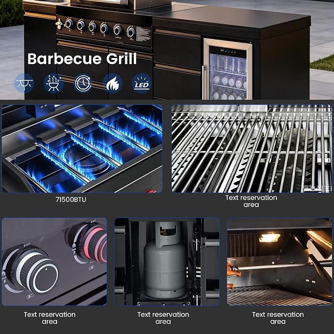 MAHARLIKA Modular Black Outdoor BBQ Kitchen island, 304 Stainless Steel Freestanding Propane Grill with Sink, Prep Counter & Built-in Drink Cooler for Patio Backyard Entertaining