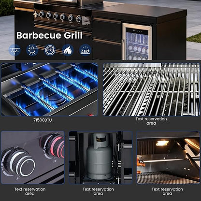 MAHARLIKA Modular Black Outdoor BBQ Kitchen island, 304 Stainless Steel Freestanding Propane Grill with Sink, Prep Counter & Built-in Drink Cooler for Patio Backyard Entertaining