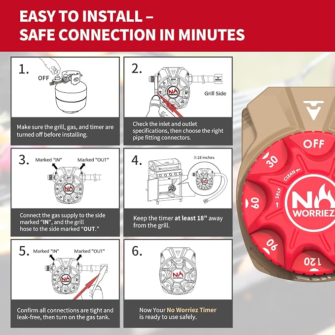 NO WORRIEZ 3-Hour Propane Natural Gas Timer, Auto Shut-Off, 1/2" Female NPT | Safety Auto Shut Off, 100,000 BTU, Fits Outdoor Grill, Fire Pit, Pizza Oven, BBQ, Smoker, Turkey Fryer, Mechanical Valve