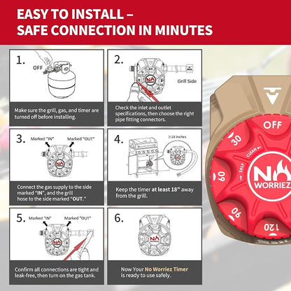 NO WORRIEZ 3-Hour Propane Natural Gas Timer, Auto Shut-Off, 1/2" Female NPT | Safety Auto Shut Off, 100,000 BTU, Fits Outdoor Grill, Fire Pit, Pizza Oven, BBQ, Smoker, Turkey Fryer, Mechanical Valve