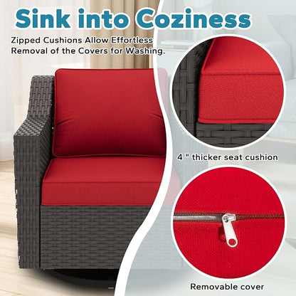8 Pieces Patio Conversation Furniture Set - 1 Sofa, 2 Ottomans, 2 Armchairs, 2 Swivel Chairs, 1 Side Table, Outdoor Wicker Furniture with Removable Cushions for Porch, Sunroom (Red)
