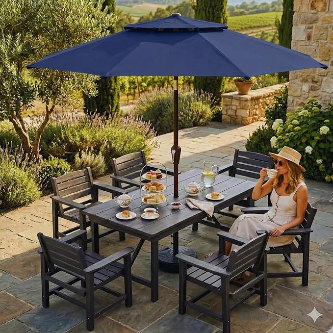 Patio Umbrella, 2 Tier Outdoor Table Umbrella, Large Vented Market Umbrellas with Push Button Tilt and Crank, 8 Sturdy Ribs for Backyard, Deck, Pool, UPF50+ UV Protection