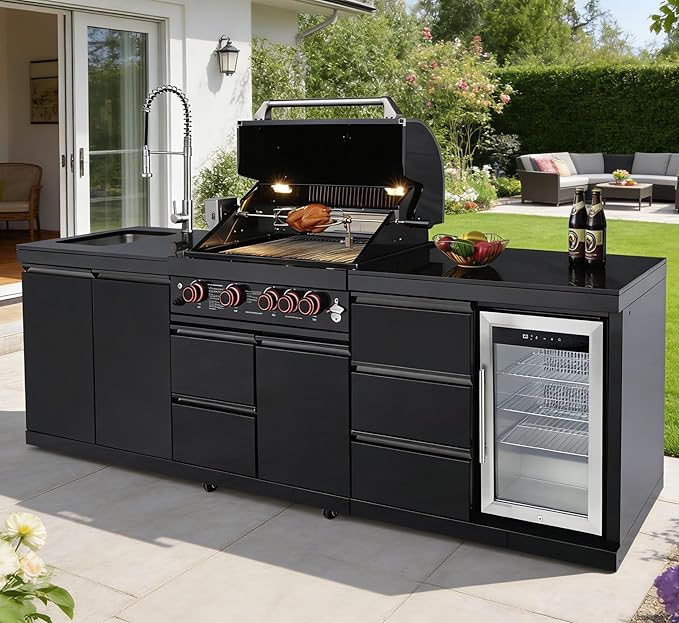 102" Outdoor Kitchen Island with Grill, 4-Burner 59,500 BTU Propane BBQ Island, Refrigerator, Sink with Trash Can Holder & 3-Drawer Cabinet, for Backyard and Patio Cooking, Black