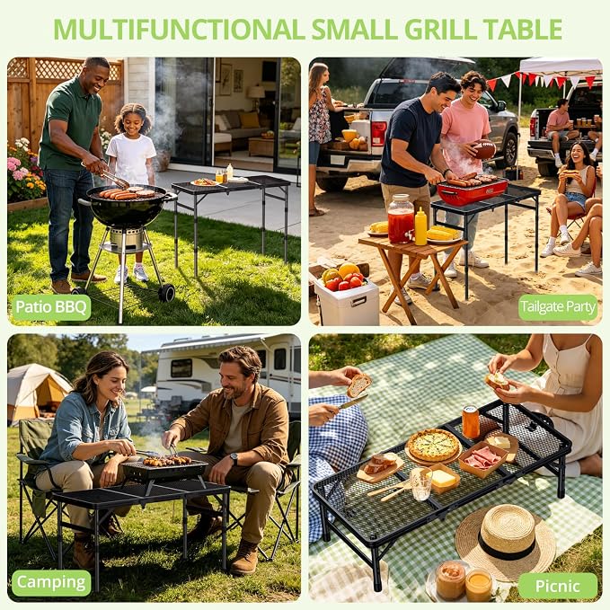 3ft Folding Grill Table, Heat-Resistant Tabletop 3 Heights 27.5" | Aluminum Camping Table, Waterproof & Easy to Clean, Lightweight, Portable Handle for Cooking BBQ Patio, 35" x 16", Black