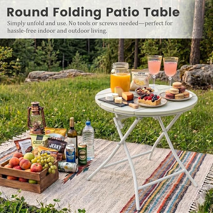 TeoKJ Folding Outdoor Side Tables, HDPS Small Patio Table | Metal Round Anti Rust Patio Desk, No Assembly Small Nightstand for Yard, Balcony, Lawn, Pool, Lightweight, White