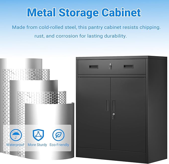 CJF Pantry Cabinet with 1 Drawer, Metal Pantry Storage Cabinets with Doors and 2 Adjustable Shelves, 36" H Locking Cabinet for Kitchen Storage, Home, Garage, Utility Room and Basement, Black