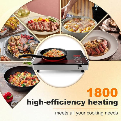 Portable Electric Stove 1800W, 110V Ceramic Hot Plate, Single Burner Cooktop with Knob Control, Timer, Safety Lock, Portable Cooking for Home, Office, RV