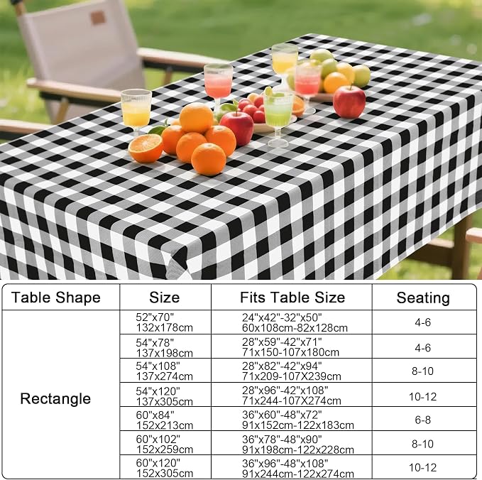 Smiry Picnic Table Cloth, Vinyl Tablecloths with Flannel Backing, 60"x84" | Waterproof Rectangle Table Cloth, Wipeable Buffalo Plaid Table Cover for Indoor and Outdoor (Black & White)