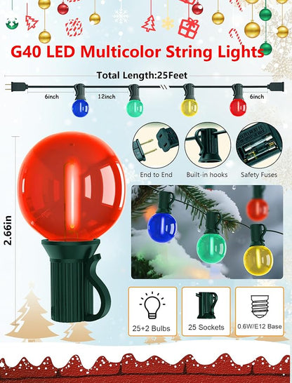 G40 LED Globe Christmas String Lights, 50Ft Multicolor Christmas Decorations Lights Shatterproof with 27 LED Colorful Bulbs, Hanging Patio Lights for Backyard Porch Xmas Tree Party Roofline Garden