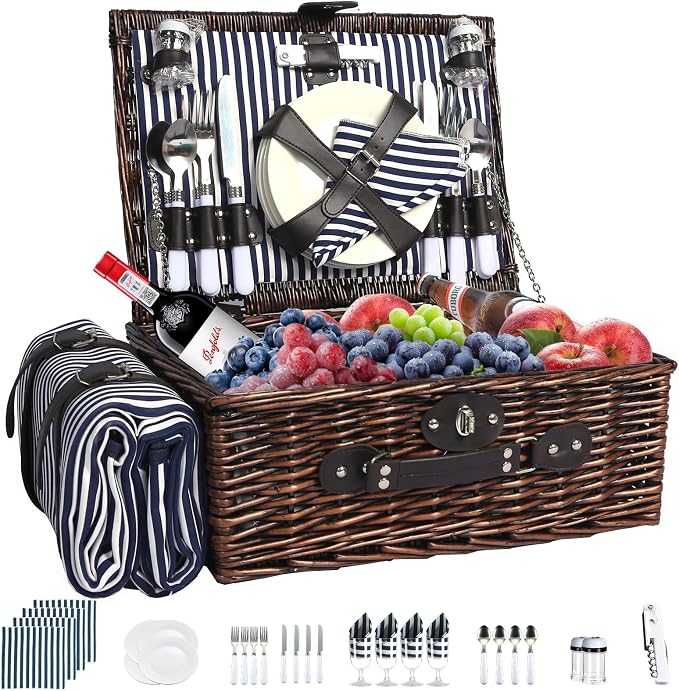 Wicker Picnic Basket Set for 4, Blanket, Cooler Bag, Blue Stripes | Four-Person Wicker Set Includes Tableware, Insulated Food Storage and Waterproof Blanket for Parks, Camping, Dates and Gifts