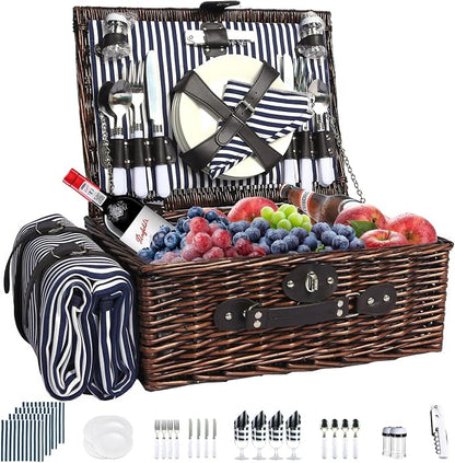 Wicker Picnic Basket Set for 4, Blanket, Cooler Bag, Blue Stripes | Four-Person Wicker Set Includes Tableware, Insulated Food Storage and Waterproof Blanket for Parks, Camping, Dates and Gifts
