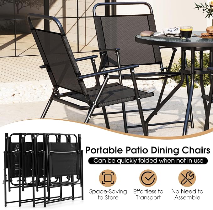 Giantex 6 Pieces Patio Dining Set, Folding Patio Chairs Set of 4, Tempered Glass Umbrella Table with Hole, Patio Table and Chairs for Lawn, Deck, Poolside, Backyard (Grey)