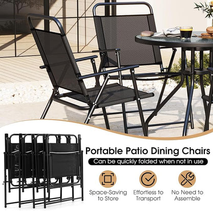 Giantex 6 Pieces Patio Dining Set, Folding Patio Chairs Set of 4, Tempered Glass Umbrella Table with Hole, Patio Table and Chairs for Lawn, Deck, Poolside, Backyard (Grey)