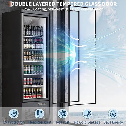 IDEALHOUSE Commercial Merchandiser Refrigerator, 13.4 Cu.Ft, Glass Door, Beverage Cooler, 5 Adjustable Shelves, Bar Fridge, Commercial Display, Large Capacity, Black, For Restaurant, Store, Bar