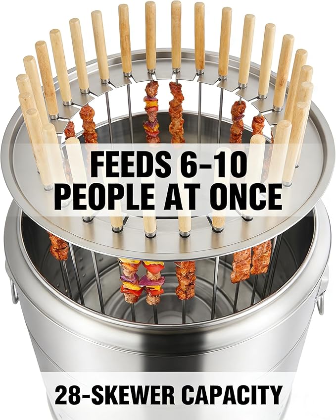 Portable Smokeless Charcoal Grill Barrel, 28-Skewer Vertical Barbecue Grill for Outdoor & Indoor, Stainless Steel 360° Rotating Kebab BBQ Grill, Large Capacity Camping Grill for 6-10 People, 15.4x16.9