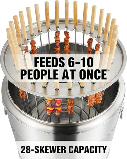 Portable Smokeless Charcoal Grill Barrel, 28-Skewer Vertical Barbecue Grill for Outdoor & Indoor, Stainless Steel 360° Rotating Kebab BBQ Grill, Large Capacity Camping Grill for 6-10 People, 15.4x16.9