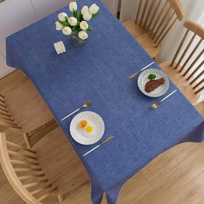 LIBERECOO Vinyl Tablecloth with Flannel Backing, Denim Blue, Waterproof, Stain-Resistant, Easy-Clean Table Cover for Dining, Kitchen, and Outdoor Use, 60" x 84" Rectangle