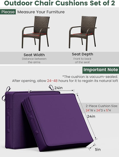 Outdoor Chair Cushion 24 x 24 x 5 Inches Patio Furniture Outdoor Waterproof Seat Cushion, Patio Chair Cushion with Handles and Ties, Square Dining Chair Cushion Set of 2, Purple