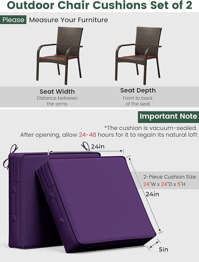 Outdoor Chair Cushion 24 x 24 x 5 Inches Patio Furniture Outdoor Waterproof Seat Cushion, Patio Chair Cushion with Handles and Ties, Square Dining Chair Cushion Set of 4, Purple