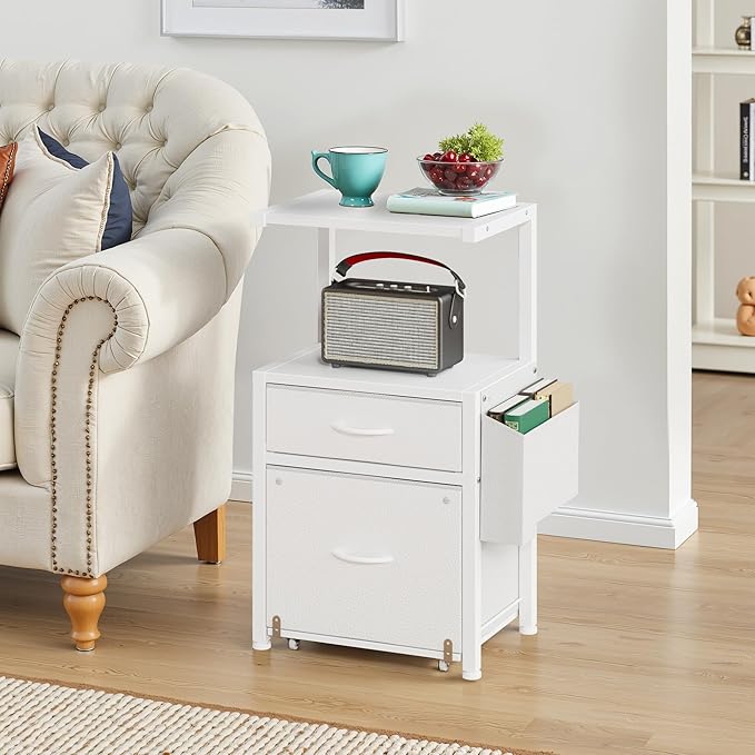 HIGDBFE Filing Cabinet with 2-Tier Printer Shelves, 2 Fabric Drawers File Cabinet with Reversible Side Bag&File Drawer, Printer Stand with Storage for Home Office, White, 16.5" W