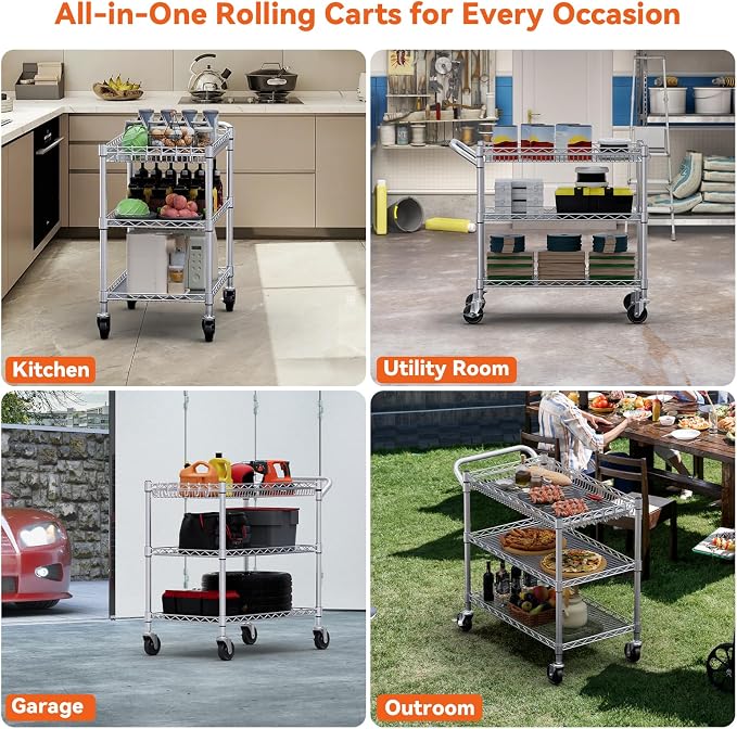 990Lbs Capacity Heavy Duty Rolling Utility Cart, NSF Rolling Carts with Wheels,Commercial Grade Metal Cart with Handle Bar & Shelf Liner,Trolley Serving Cart for Kitchen,Restaurant,Silver